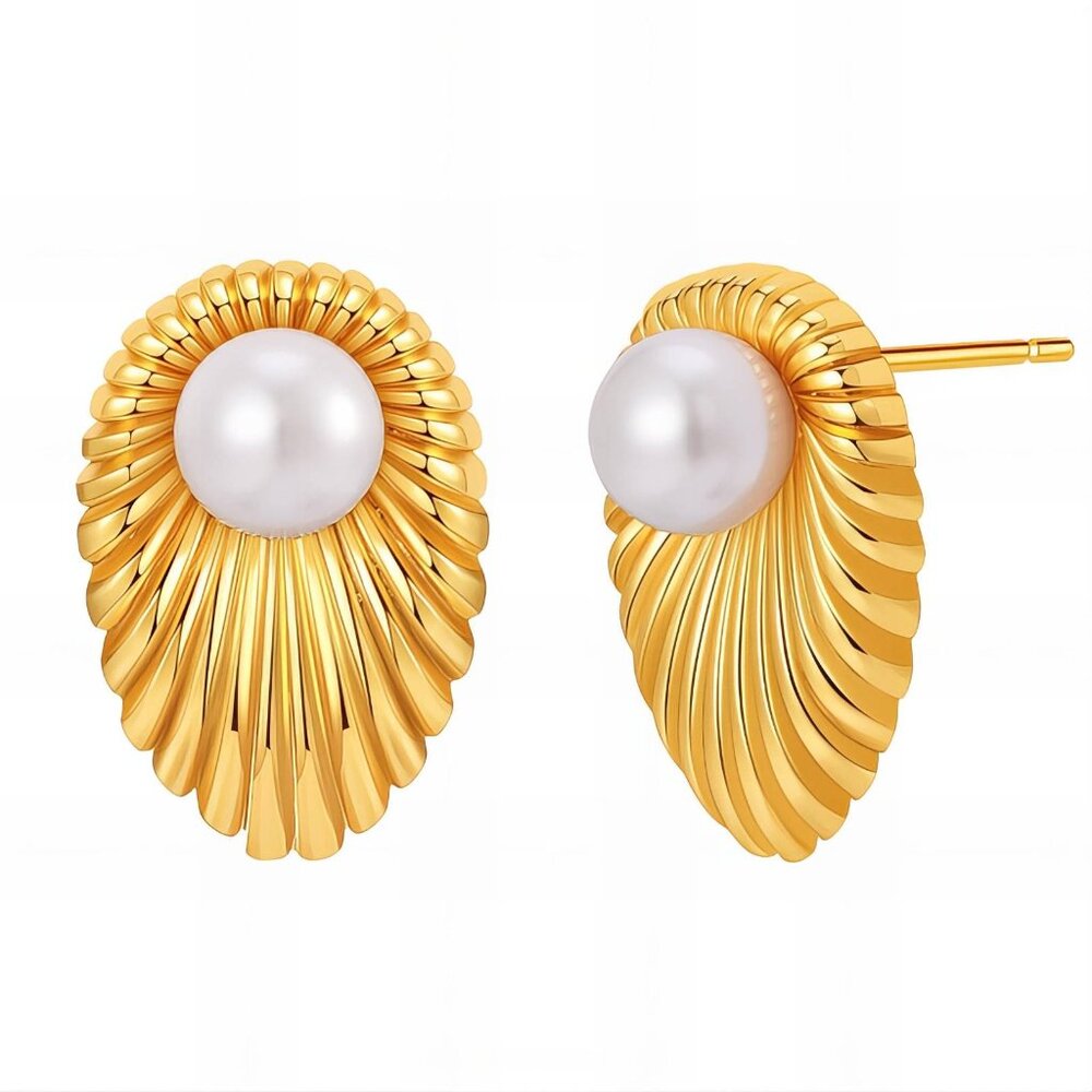 Gold Imitation Pearl Accent Stud Earrings | Elegant Statement Jewelry | NWT
